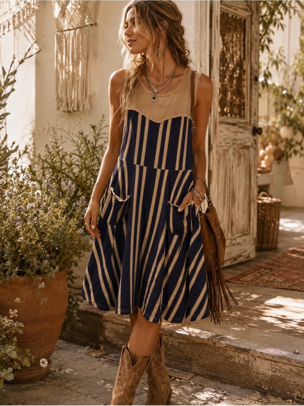 Effie's Heart Navy and Tan Boho Striped Sleeveless Mini Dress